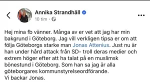 Urklipp från X-et Annika Strandäll stödjer Jonas Attenius i sin hatretorik