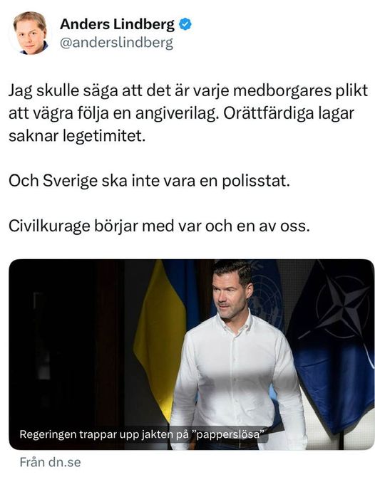 Skärmklipp från DN- Anders Lindberg uppmanar till att inte följa lagar..